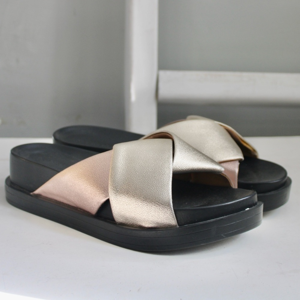 Aerosoles Baily Gold Combo Knotted Slip-On Platform Sandals Women's Size 8